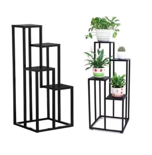 Black metal plant stand with multiple tiers, displayed with various potted plants.