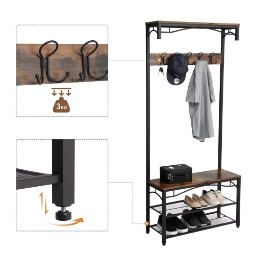Garderobenständer aus Holz mit Regalen, Haken und Flurbank, industrie-rustikales Design, ideal zur Aufbewahrung von Schuhen und Kleidung.