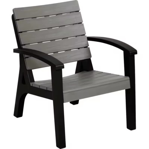 Schwarzer Metallstuhl mit grauen Latten und Metallbeinen für Esszimmer.