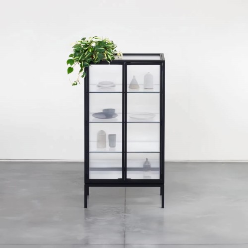 Petite bibliothèque en verre Odean moderne avec cadre métallique, idéale pour cuisine, salon ou salle à manger.