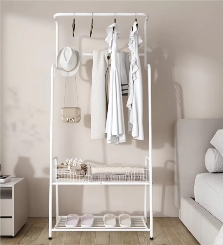 White Design 3 Tiers Shoes Rack With Clothes Hooks and Shelves in Bedroom