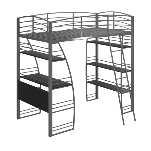 Lit superposé en métal avec escalier et étagères intégrées pour enfants ou adultes.