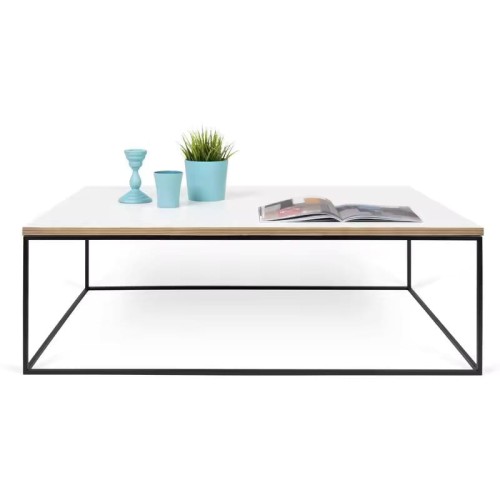 Modern rectangular tea table with iron legs and wooden top.