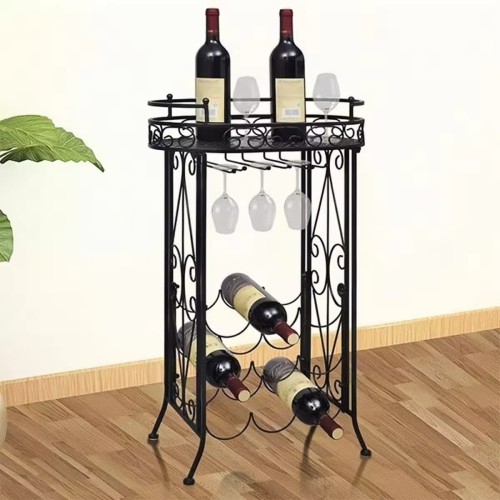 Design Iron Wine Standing Rack For Home Kitchen And Bar Decoration holding wine bottles and glasses.