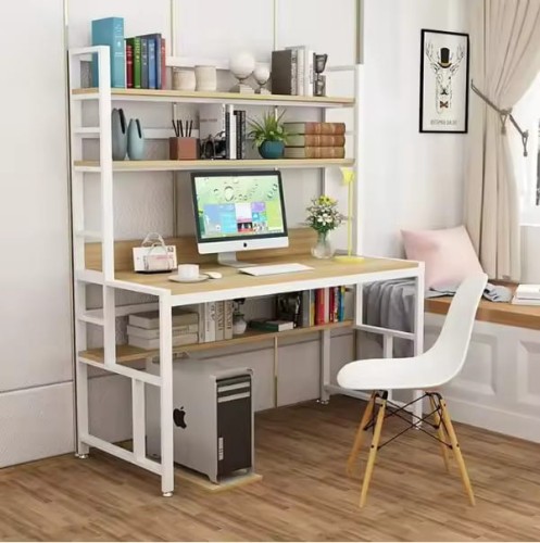 Modern Study Desk With Bookshelf By Metal Frame And MDF Top in a home office setup.