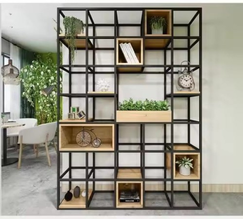 Luxurious, elegant metal frame display shelf with decorative items and plants in a modern living room.