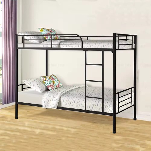 Modern metal frame bunk beds with matching bedding in a bright room.