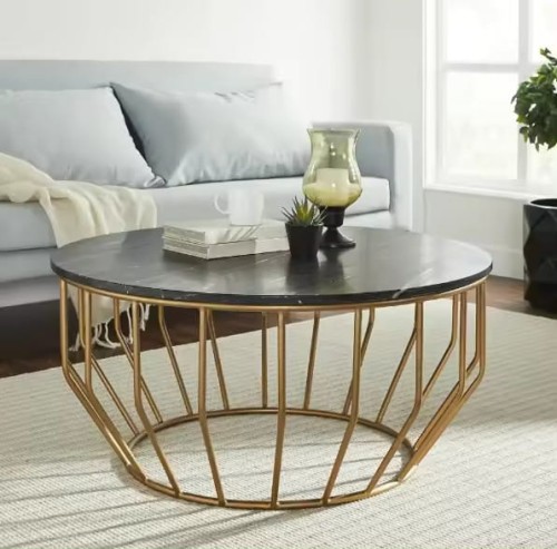 Luxury Round Coffee Table Metal And Marble Top For Living Room in a modern setting.