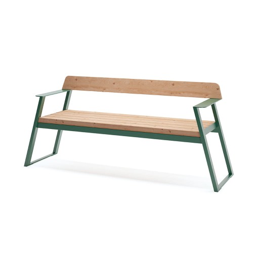 Banc Public Nørrebro 4 Places en bois avec dossier et accoudoirs, structure en métal vert.