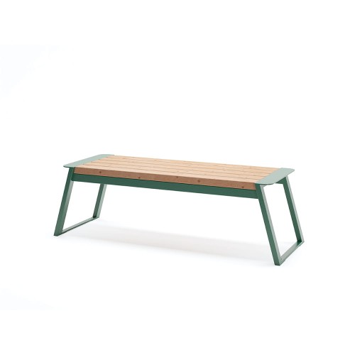 Nørrebro 3 Seater Public Backless Bench with green metal frame and wooden seat.