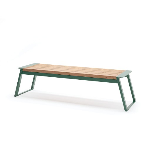 Nørrebro 4 Seater Public Backless Bench with green metal frame and wooden slats.