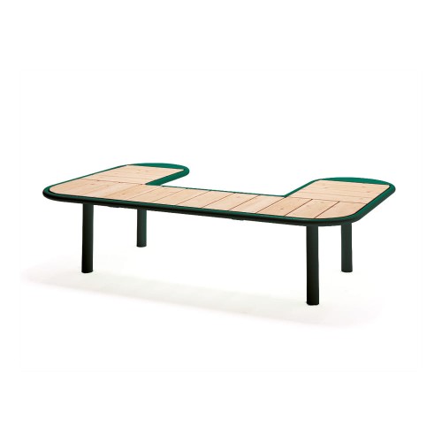 Nordhavn Public Backless Bench | U-shaped, black frame, wooden slats.