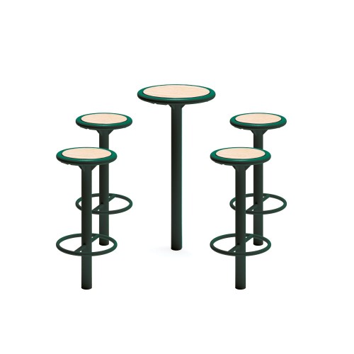 Set de bar Nordhavn avec table haute et quatre tabourets de bar en métal vert et assises en bois.