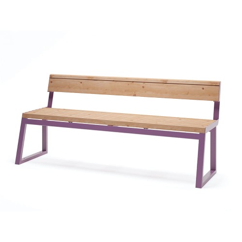 Amager 4 Seater Public Backless Bench in light wood with a purple metal frame