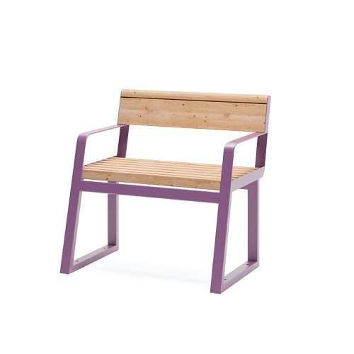 Banc dossier pour 1 personne Amager avec accoudoir en bois et métal violet.