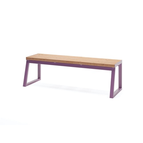 Amager 3 Seater Public Backless Bench with wooden slats and purple frame.
