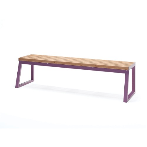 Amager 4 Seater Public Backless Bench with wooden slats and purple metal frame.