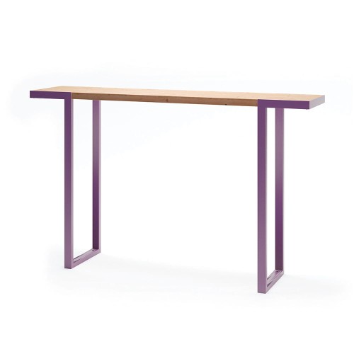Table de bar extérieur Amager, structure en métal violet avec plateau en bois.