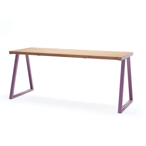 Amager Outdoor Table 180 cm 6-8 Seats with wooden top and purple metal legs.