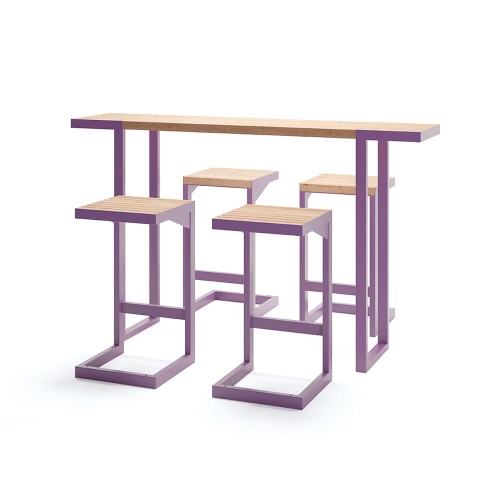 Amager Bar Set: Table &amp; 4 Bar Stools in modern design with wooden tops and purple frames.