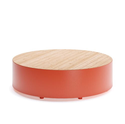 Round Valby Public Backless Bench with wooden top and red base.