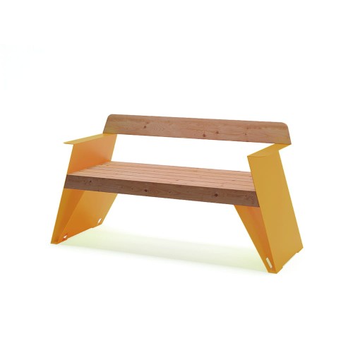 Nyboder 3 Seater Public Backrest Bench w/ Armrest in yellow and wooden finish.