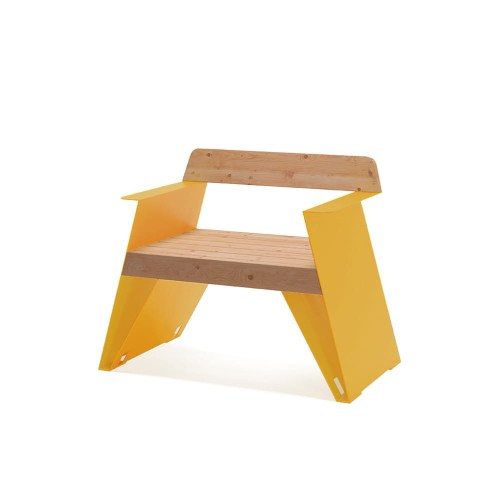 Nyboder 1 Person Backrest Bench w/ Armrest in yellow and wood.