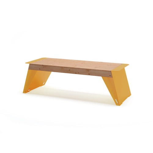 Nyboder 3 Seater Public Backless Bench with yellow legs and wooden seat.
