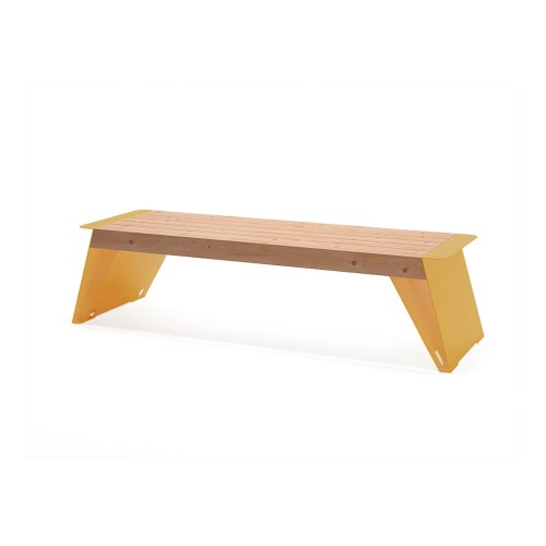 Banc public sans dossier 4 places Nyboder en bois et métal jaune.