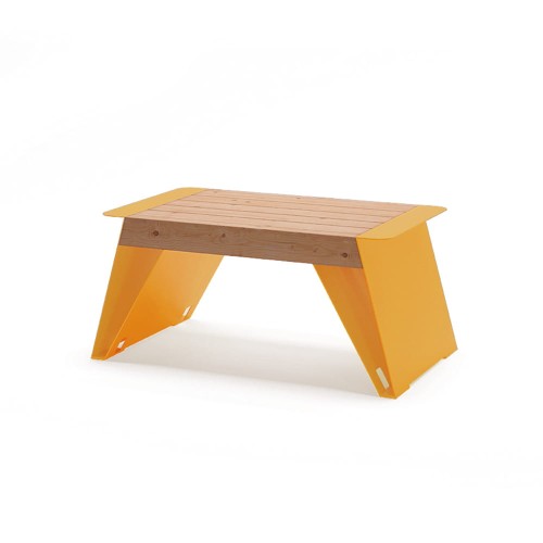 Nyboder Outdoor Stool, yellow with wooden seat, modern design.