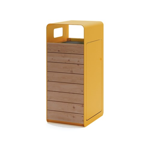 Yellow Nyboder Street Litter Bin with wooden panels.