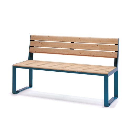Frederiksberg 3 Seater Public Backrest Bench with blue metal frame and wooden slats.