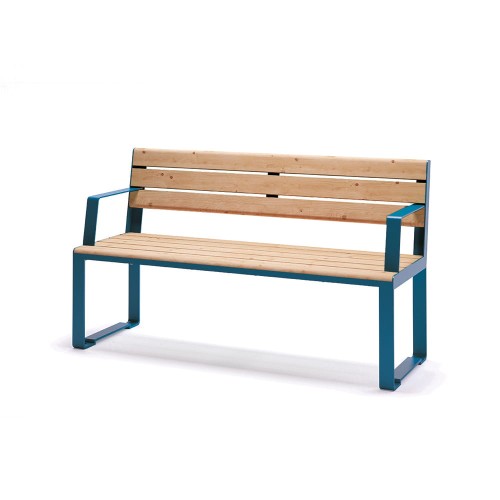 Frederiksberg 3 Seater Public Backrest Bench with Armrest in blue and wooden finish.