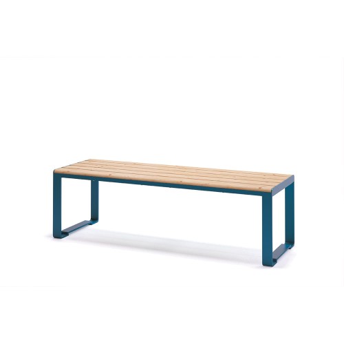 Frederiksberg 3 Seater Public Backless Bench with wooden seat and blue metal frame