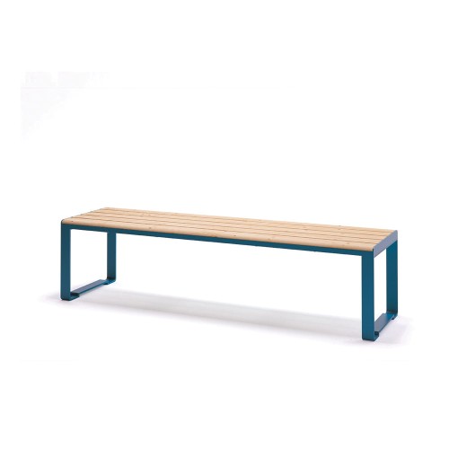 Frederiksberg 4 Seater Public Backless Bench with wooden slats and blue metal frame.