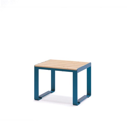 Frederiksberg Outdoor Stool with blue metal frame and wooden seat.