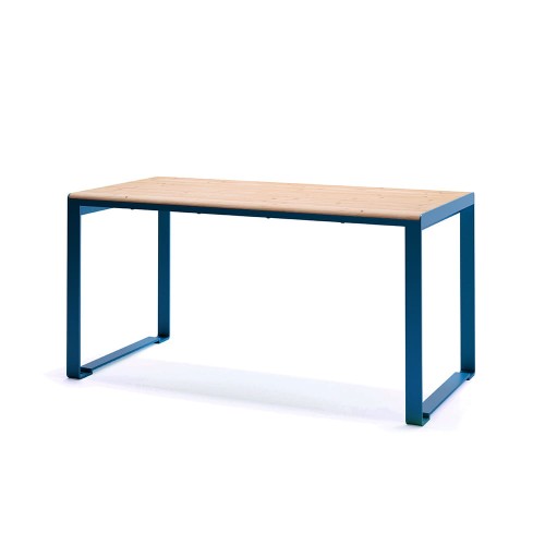 Frederiksberg Outdoor Table 150 cm with blue frame and wooden top.