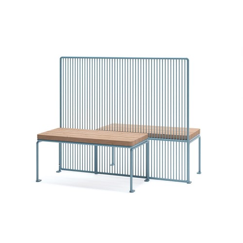 Østerbro Public Backrest Bench | Double Sided with wooden seats and blue metal frame.