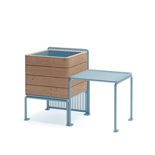 Østerbro Outdoor Stool with Planter Box in light blue metal and wooden finish.