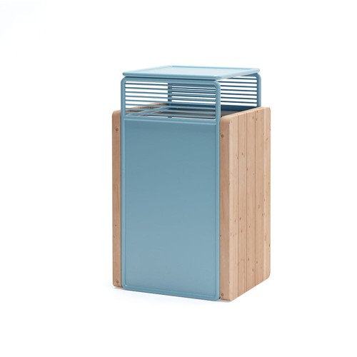 Modern Østerbro Street Litter Bin with light blue metal top and wooden sides.