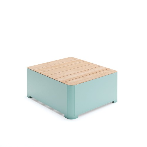 Kødbyen Public Backless Bench | Rectangular with light blue base and wooden top