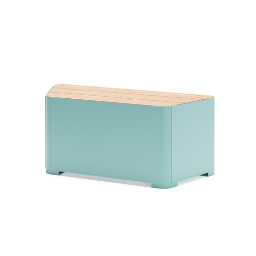 Banc public sans dossier 3 places Kødbyen Trapézoïde en métal turquoise avec assise en bois.