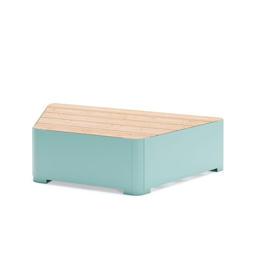 Kødbyen 3 Seater Public Backless Bench | Trapezoid in light blue with wooden seating surface.