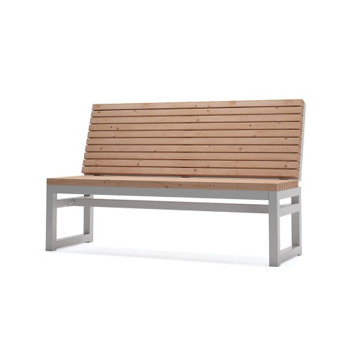 Hellerup 3 Seater Public Backrest Bench with wooden slats and metal frame.
