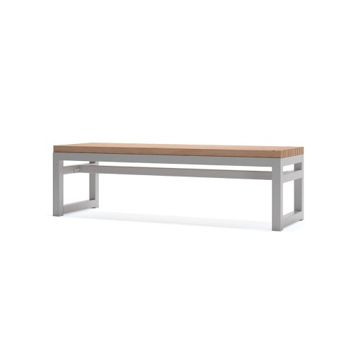 Hellerup 3 Seater Public Backless Bench with wooden top and metal frame.