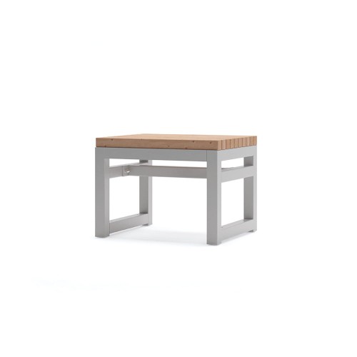 Tabouret d'extérieur Hellerup avec structure métallique grise et assise en bois.
