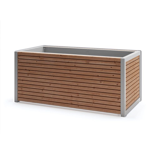 Moderner Hellerup Outdoor-Pflanzkübel aus Holz mit Metallrahmen, 650 l Volumen.
