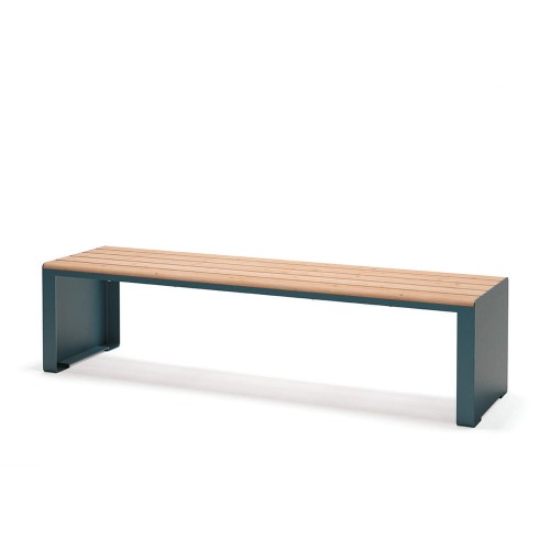 Indre By 4 Seater Public Backless Bench with metal frame and wooden seat.