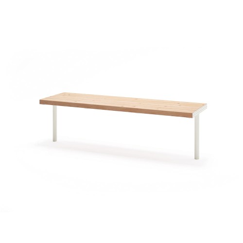 Holmen 3 Seater Public Backless Bench with wooden seat and white metal legs.
