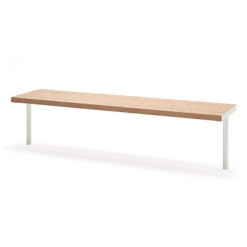 Holmen 4 Seater Public Backless Bench with wooden seat and white metal legs.